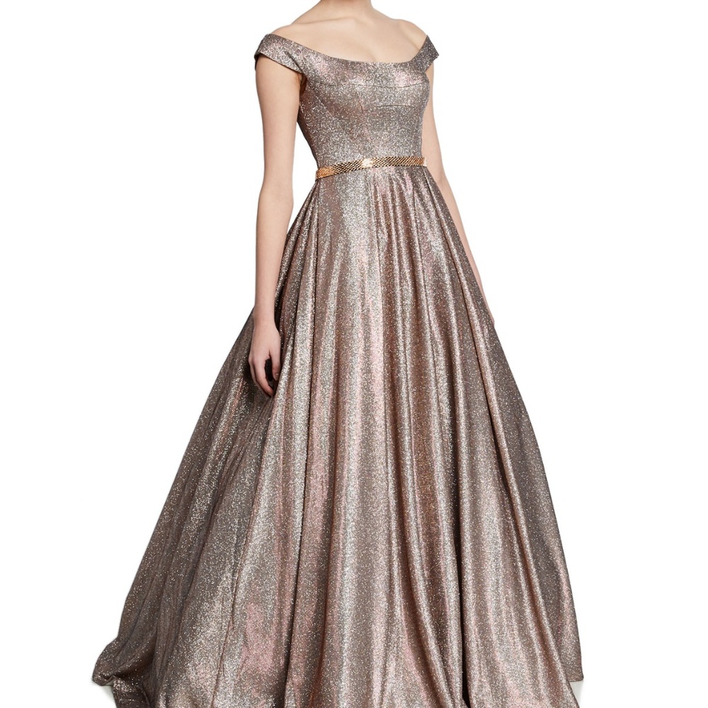 JOVANI OFF-THE-SHOULDER METALLIC BALL-GOWN